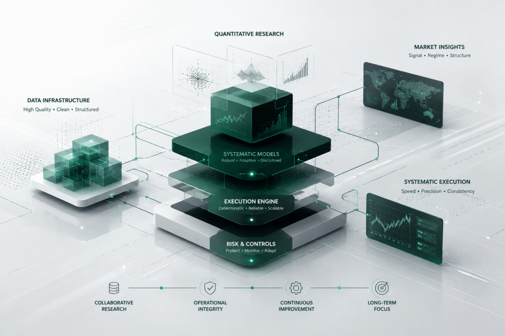 Visual representation of structured quantitative trading infrastructure and systematic execution processes across global financial markets.
